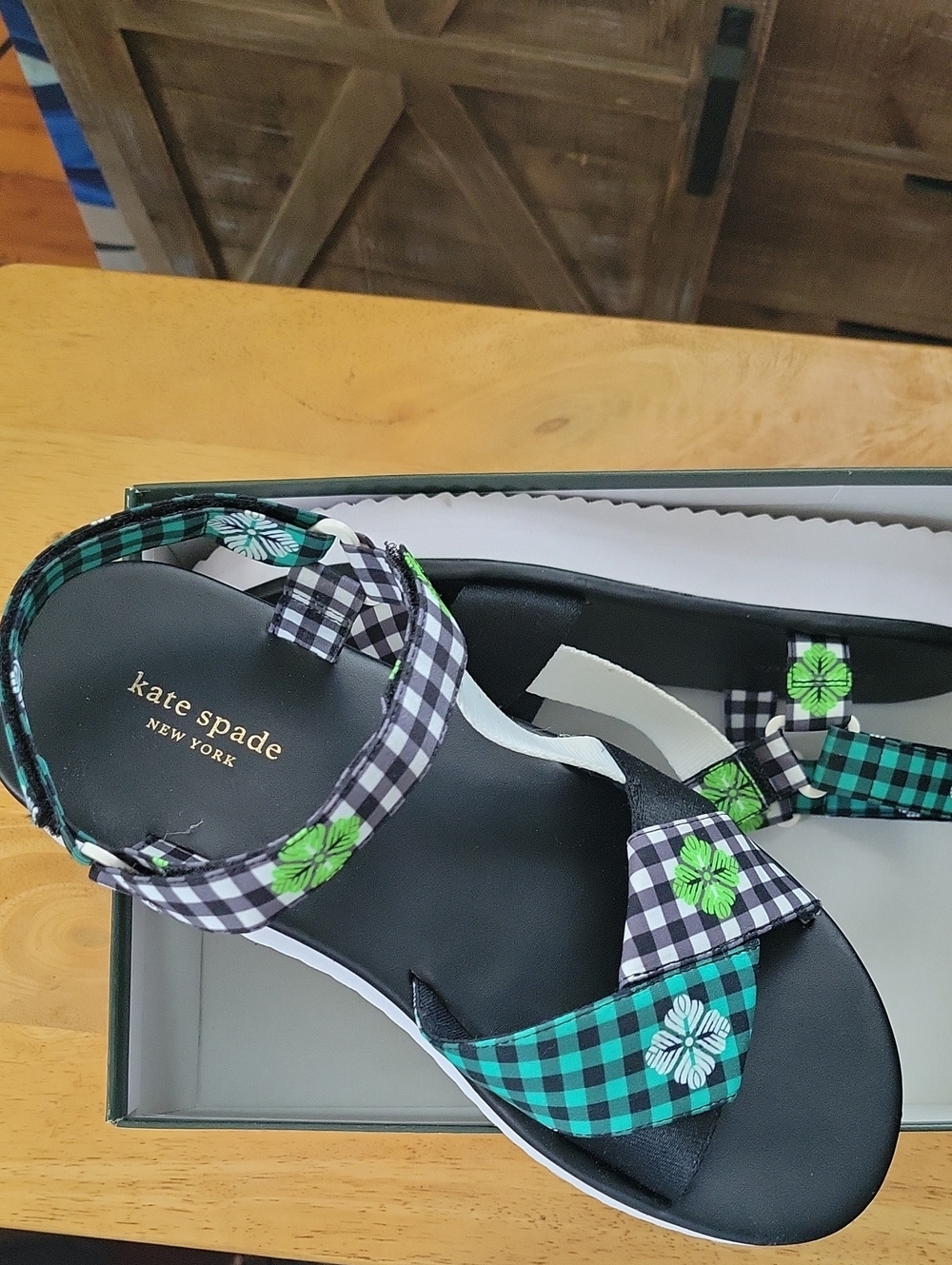 kate spade Black, Green & White Gingham Floral Strap Sandals